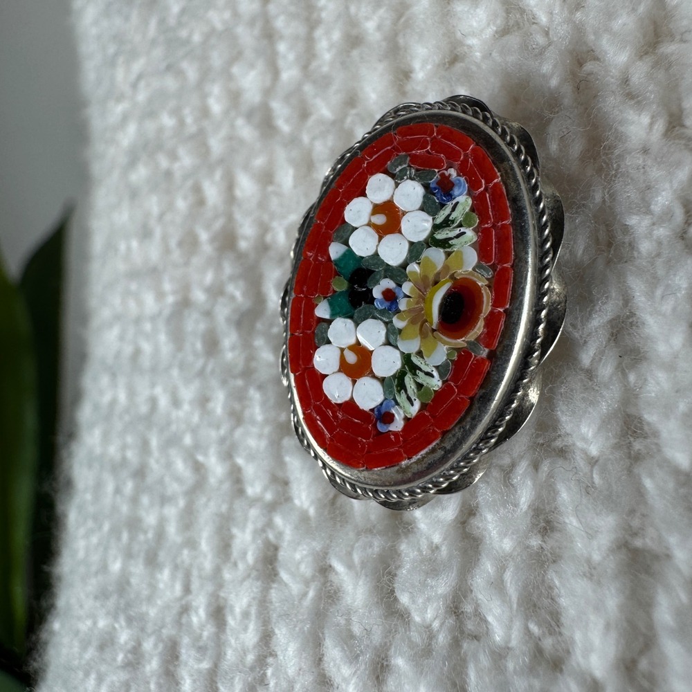 Vintage Italian Micro Mosaic Floral Oval Brooch Pin Millefiori Silver Tone‎